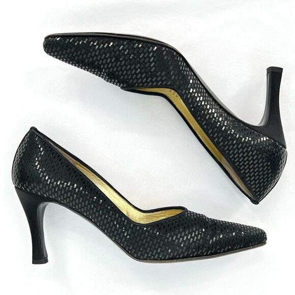 St. John Black Satin Paillettes Made in Italy Pointed Toe Narrow Heel Pumps 7B - Picture 4 of 13